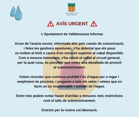 Avís urgent aigua valldemossa