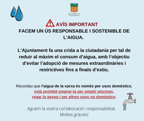 L’Ajuntament fa una crida a la ciutadania per tal de reduir al màxim el consum d’aigua💧, amb l’objectiu d’evitar l’adopció de mesures extraordinàries i restrictives fins a finals d’estiu.