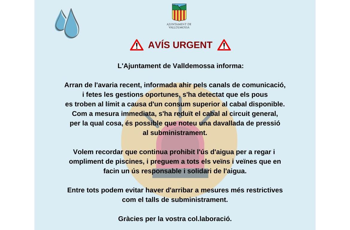 Avís urgent aigua valldemossa